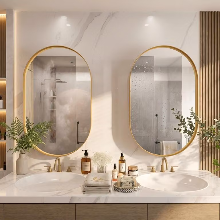 AIORBER Armadio a specchio ovale con spazio contenitivo, armadio a specchio da bagno con telaio in metallo e ripiani regolabili, da parete o da incasso, oro