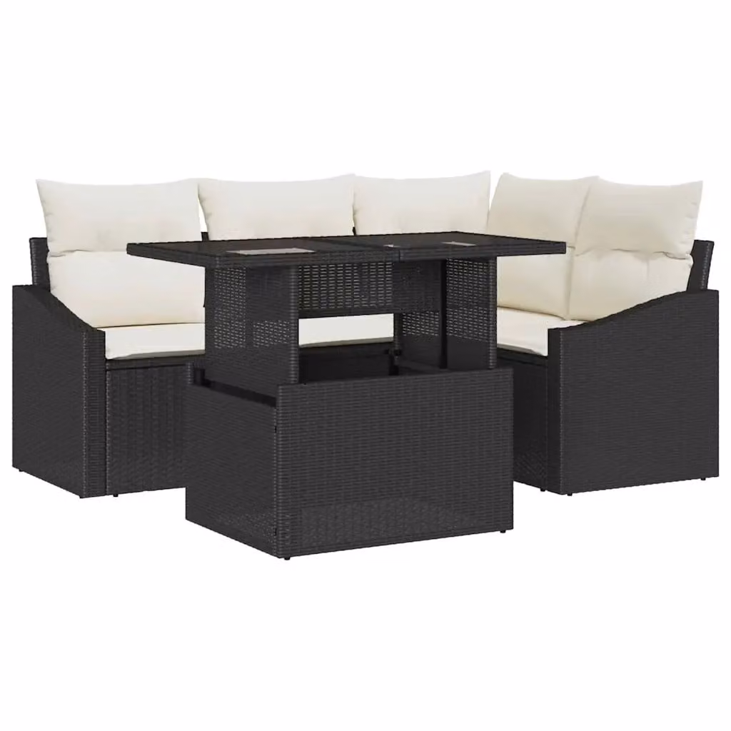 Set Divano da Giardino vidaXL 5 Pezzi in Polyrattan Nero e Beige con Cuscini e Tavolino – 2