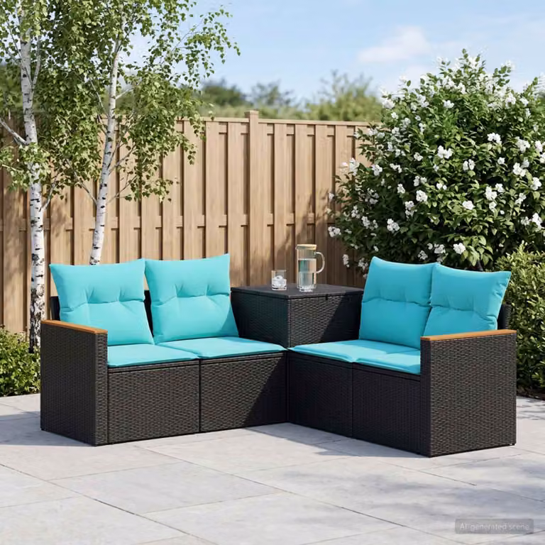 Set di divani da giardino vidaXL a forma di L con poltrona e cuscini, in rattan sintetico e metallo, colori nero e blu turchese