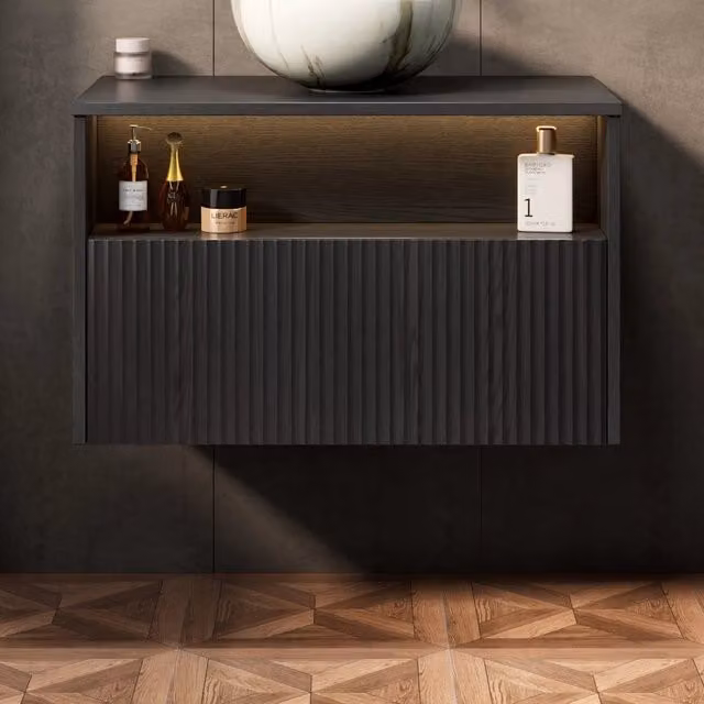 Mobile sottolavabo sospeso con cassetto frontale in legno massello e struttura in compensato nero per il bagno