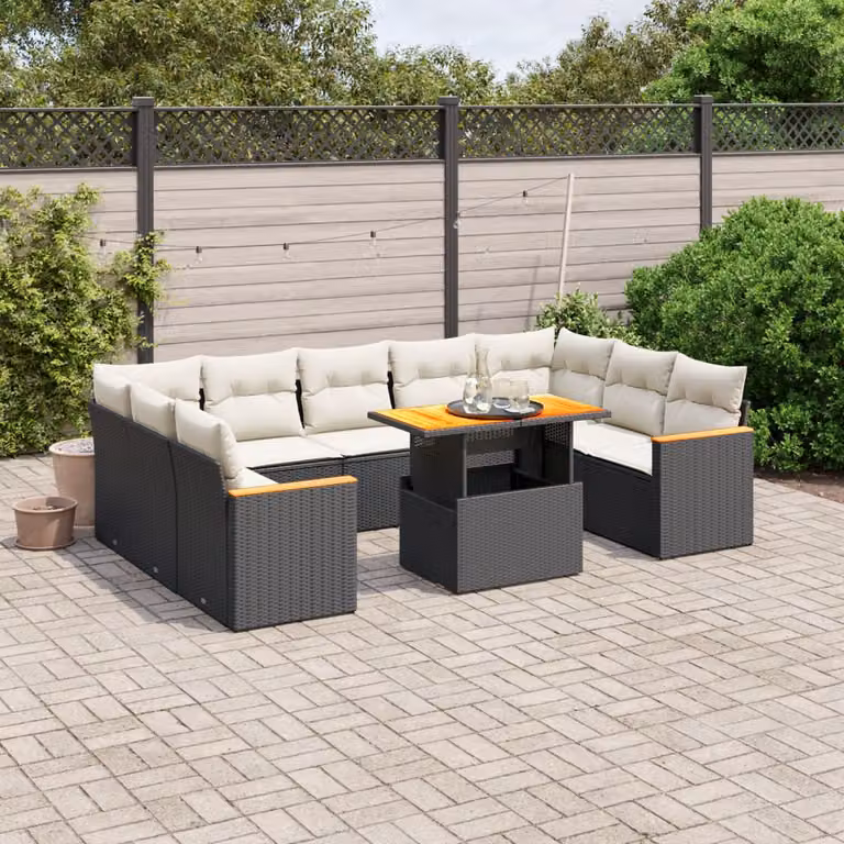 vidaXL Set Divani da Giardino a L 11 pz in Polyrattan Nero con Cuscini e Tavolino