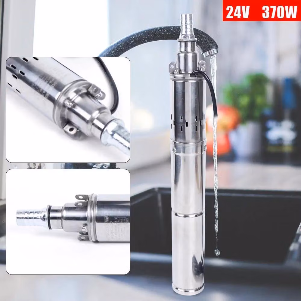 Pompa per pozzi profondi - Pompa sommersa per pozzi trivellati - 24 V 16 A - Prevalenza fino a 65 m - Uscita 2,54 cm - Ø 7,6 cm - 2860 giri/min - Spina UE - Argento