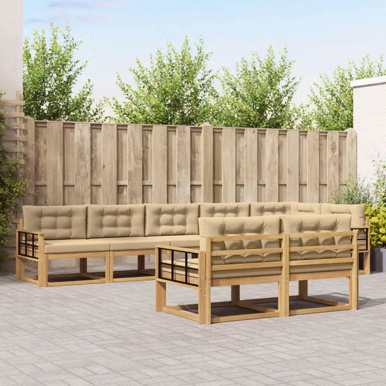 vidaXL Set di divani da esterno a L in legno di acacia con cuscini, Bianco e Beige