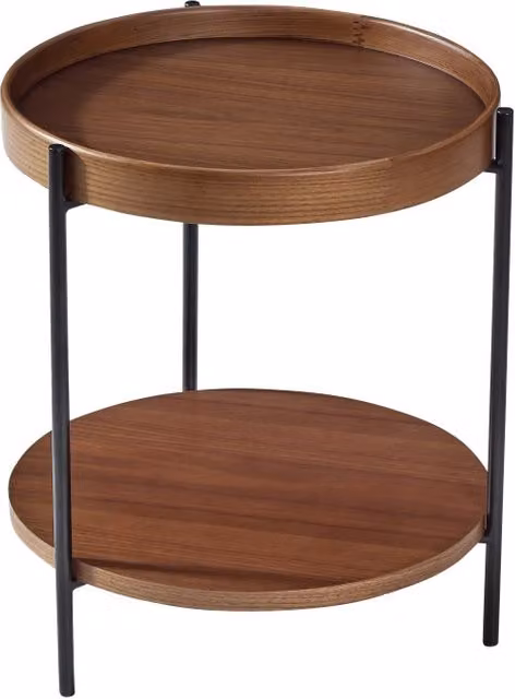 Tavolino da salotto con 2 ripiani a vassoio, struttura in ferro, finitura noce, in legno massello e MDF, Ø 69 × 38 cm