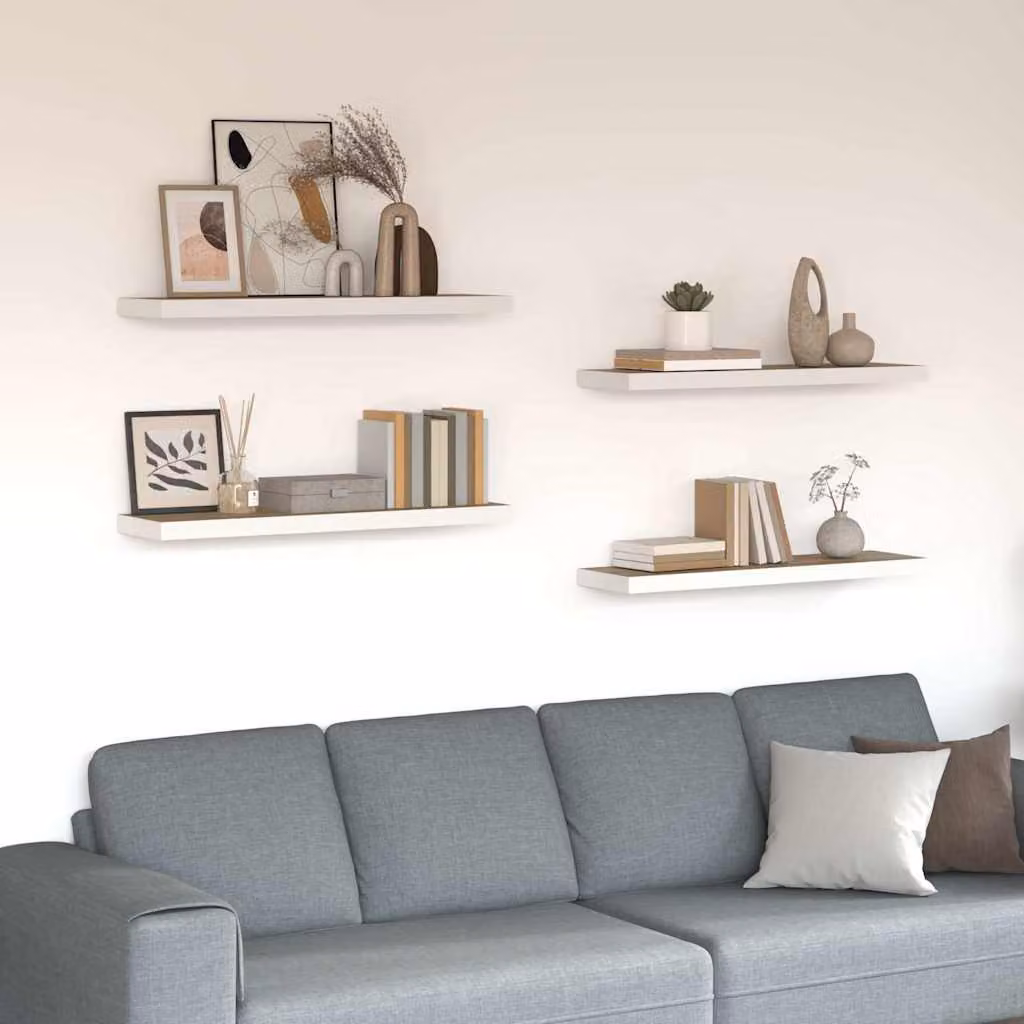 Set di 4 Scaffali da Parete vidaXL in MDF e Metallo, Colore Rovere e Bianco, L 90 cm x P 23,5 cm x H 3,8 cm