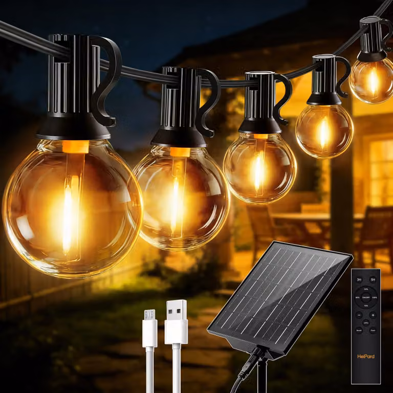 Catena luminosa solare da 20 metri, con 35+2 lampadine G40, luce bianco caldo, dimmerabile