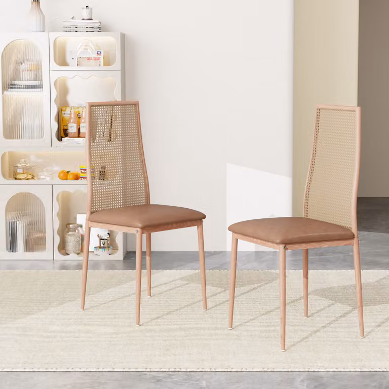 CDGlobal set di 2 sedie da pranzo in lino sedia da cucina in rattan con schienale intrecciato, sedia d'accento con gambe in metallo sedia imbottita vintage per sala da pranzo/cucina/soggiorno