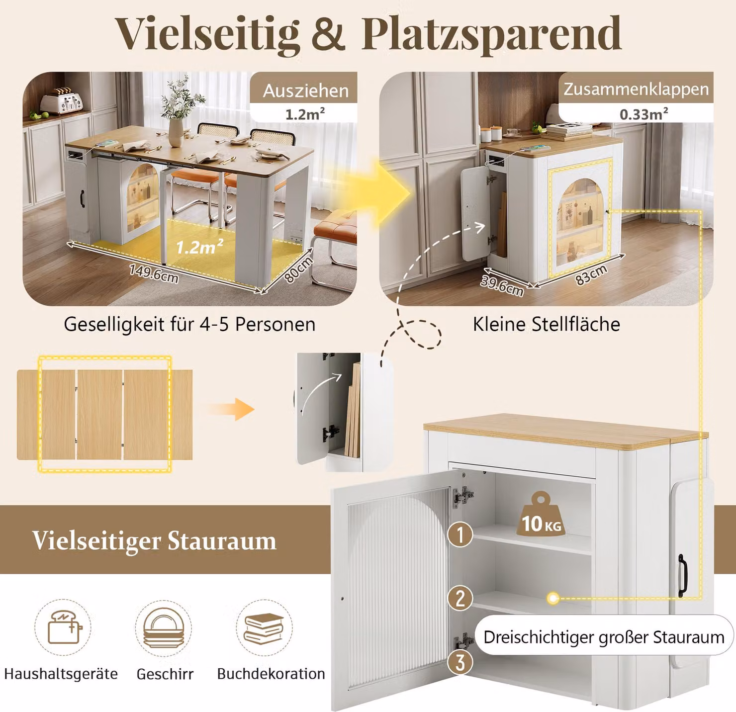 MODFU Tavolo da pranzo a isola con piano estraibile e rotelle, mobile da cucina carrello bar con prese di corrente e luce LED, bianco