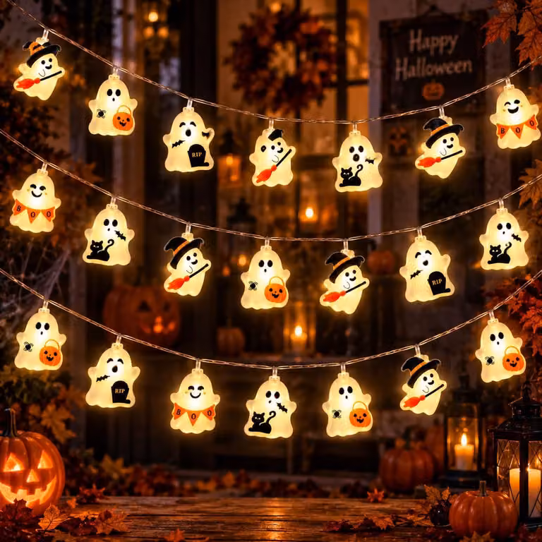 Catena luminosa a tema Halloween, 3 metri, 20 LED, luce bianco caldo, alimentata a batteria