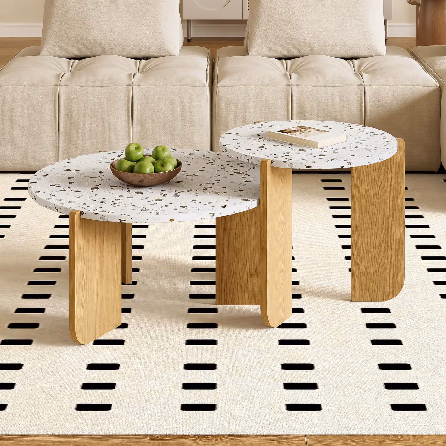 set di 2 tavolini okwish, tavolino da salotto per balcone camera da letto, tavolini da salotto, tavolino da salotto e balcone, tavolino moderno componibile, colore bianco + legno