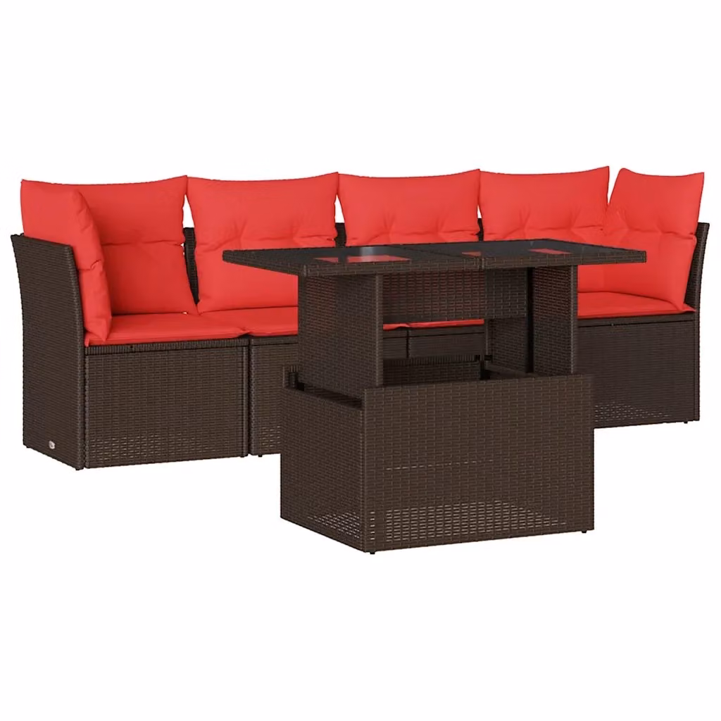 Set da giardino moderno vidaXL composto da 5 pezzi con divano a L, elementi angolari, tavolino da caffè e cuscini marroni in rattan e metallo con coperture rimovibili – 2