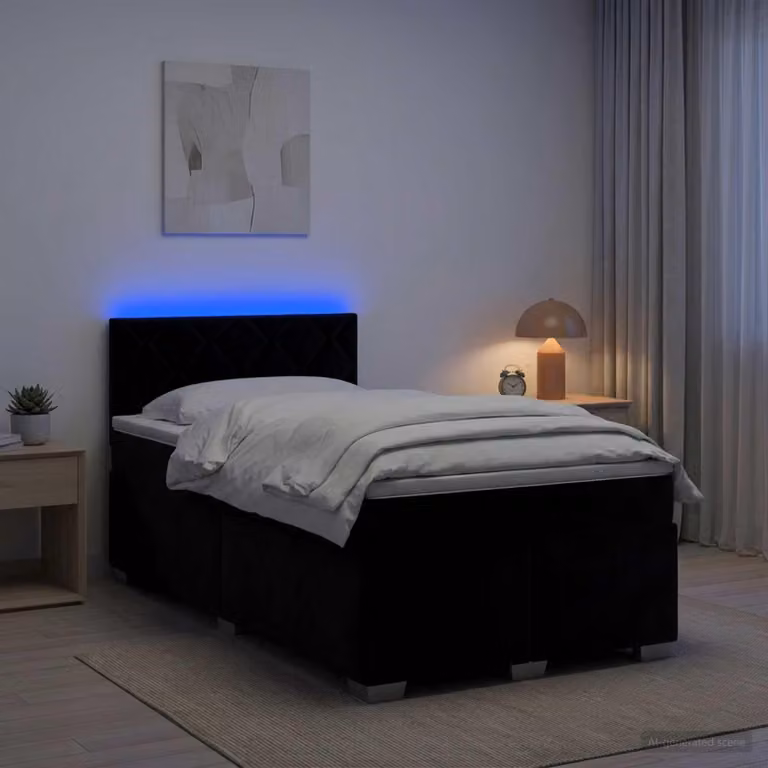 Letto a molle con materasso e illuminazione LED, colore nero, 120 x 190 cm, rivestito in velluto
