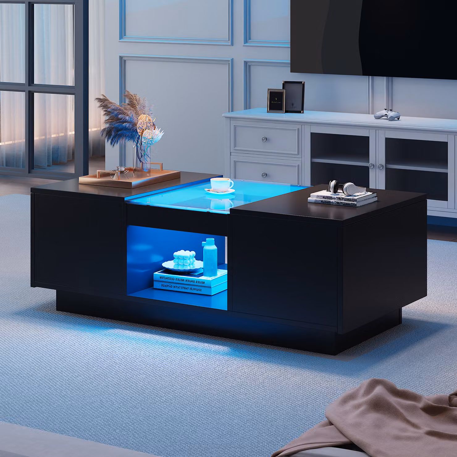okwish Tavolino rettangolare, LED high gloss, tavolino con vetratura, 2 cassetti e 1 ripiano aperto, per camera da letto e soggiorno, tavolino con portaoggetti, App control LED, nero