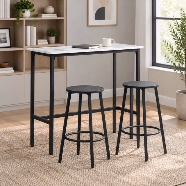 Set tavolo e sedie con 1 tavolo e 2 sgabelli da bar con poggiapiedi per cucina, in acciaio bianco