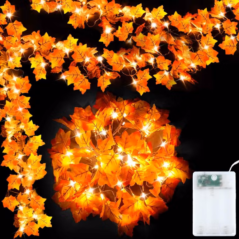 Catena luminosa autunnale, 3 metri, 20 LED, foglie di acero, alimentazione a batteria