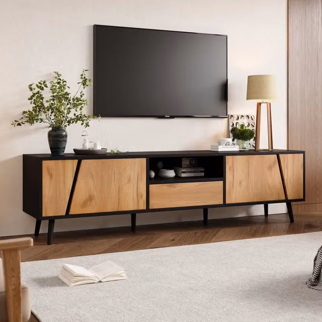 Mobile TV Mivray per soggiorno con 2 ante, cassetto e vano semiaperto, nero e legno naturale, L 180 x P 40 x H 46 cm