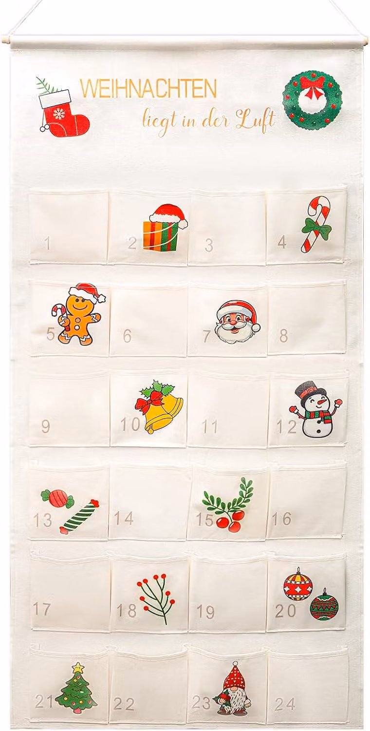 Calendario dell'Avvento in tessuto, da riempire. Calendario da parete con 24 scomparti per regali di Natale. Include: biglietti di auguri, caramelle, cartoncini