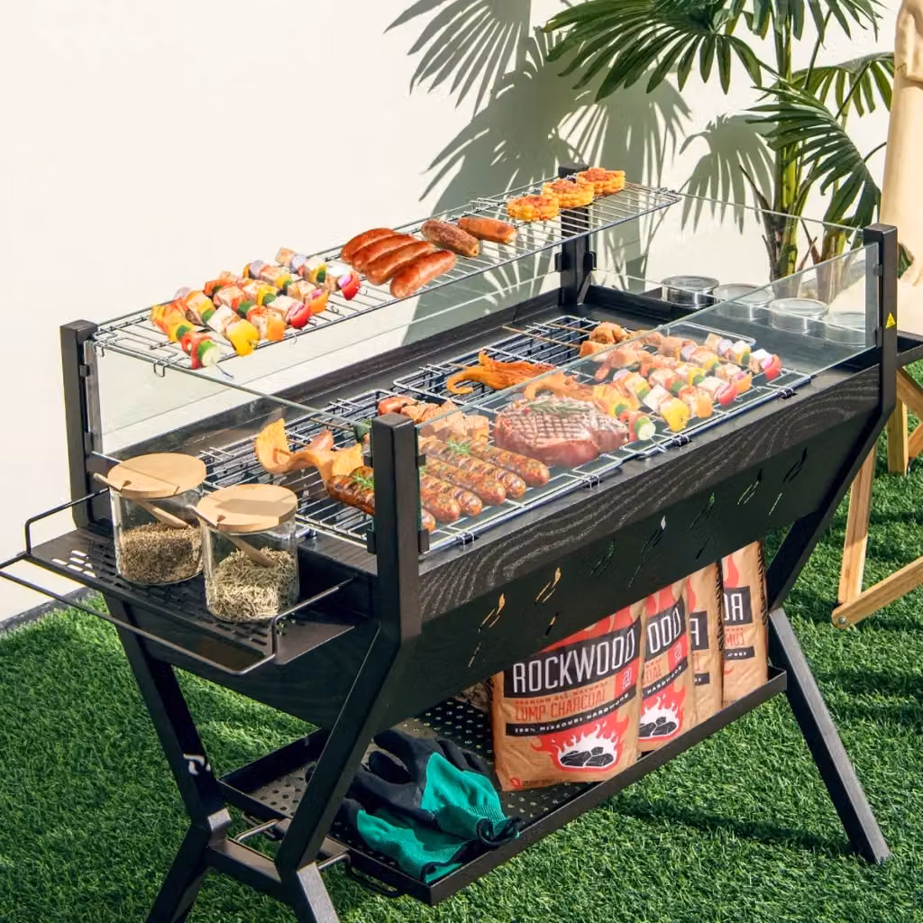 Barbecue a carbone in acciaio inossidabile con ripiano riscaldante e carrello, Marrone e Nero – 2