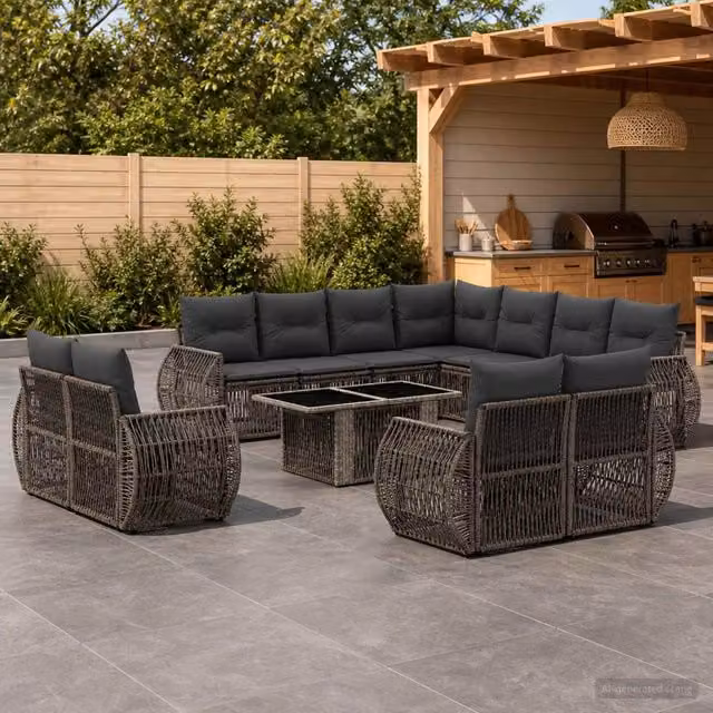 Set Divano da Giardino vidaXL 12 Pezzi a Forma di U in Polyrattan Grigio con Cuscini e Tavolino da Esterno