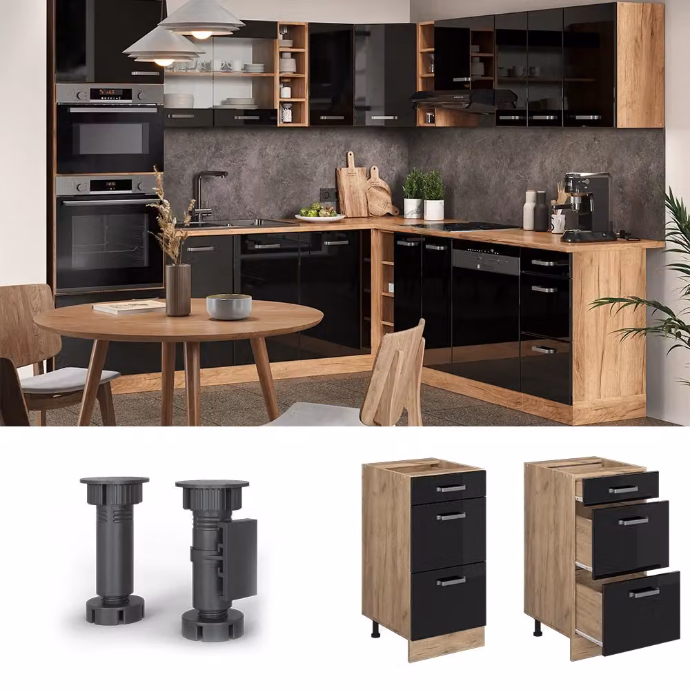 Mobiletto base per cucina Vicco R-Line con cassetti, Nero lucido e Rovere, L: 40 cm – 2