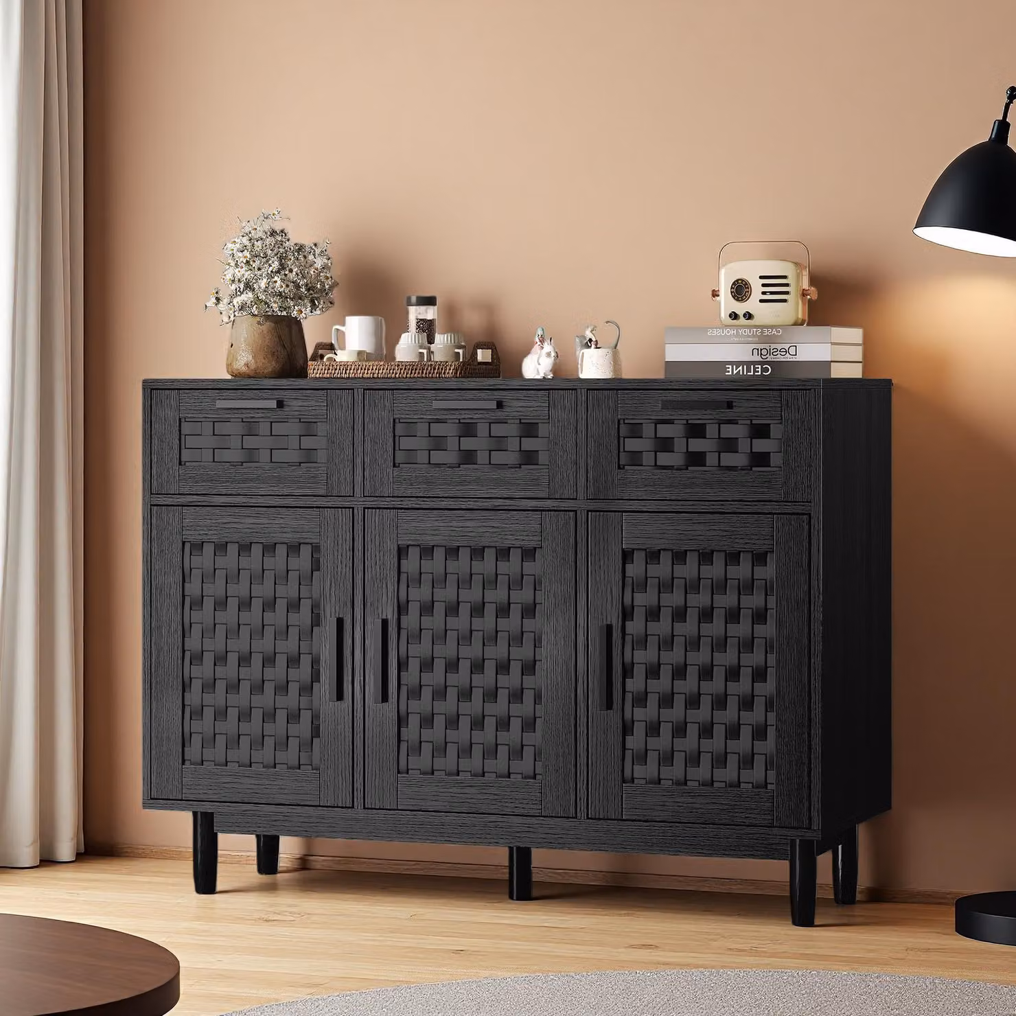 Credenza ProximaX nera con effetto rattan, 3 cassetti e 3 ante, mobile in legno con dispositivo antiribaltamento, 107,9 x 40 x 80 cm, per soggiorno e cucina