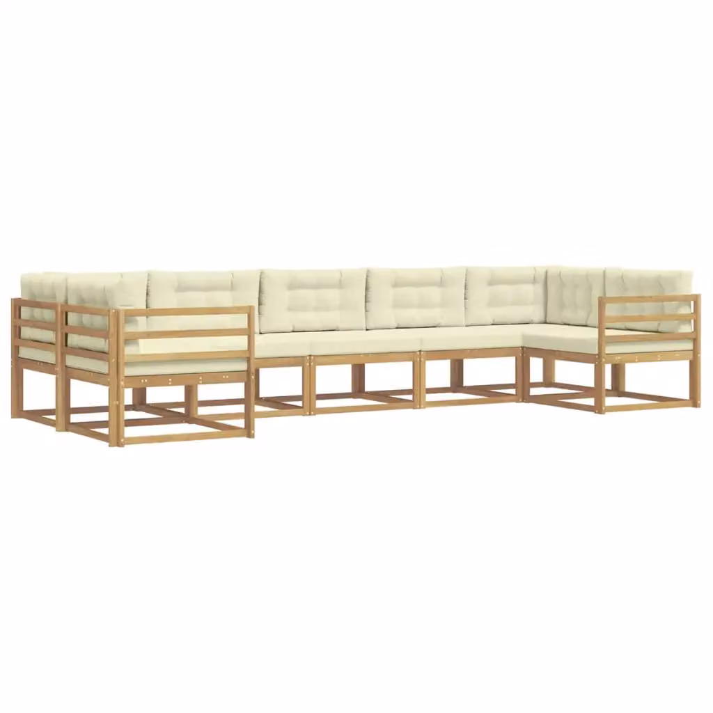 Set di divani da esterno vidaXL a forma di L composto da 7 pezzi in legno di acacia con cuscini in tessuto bianco e beige – 2