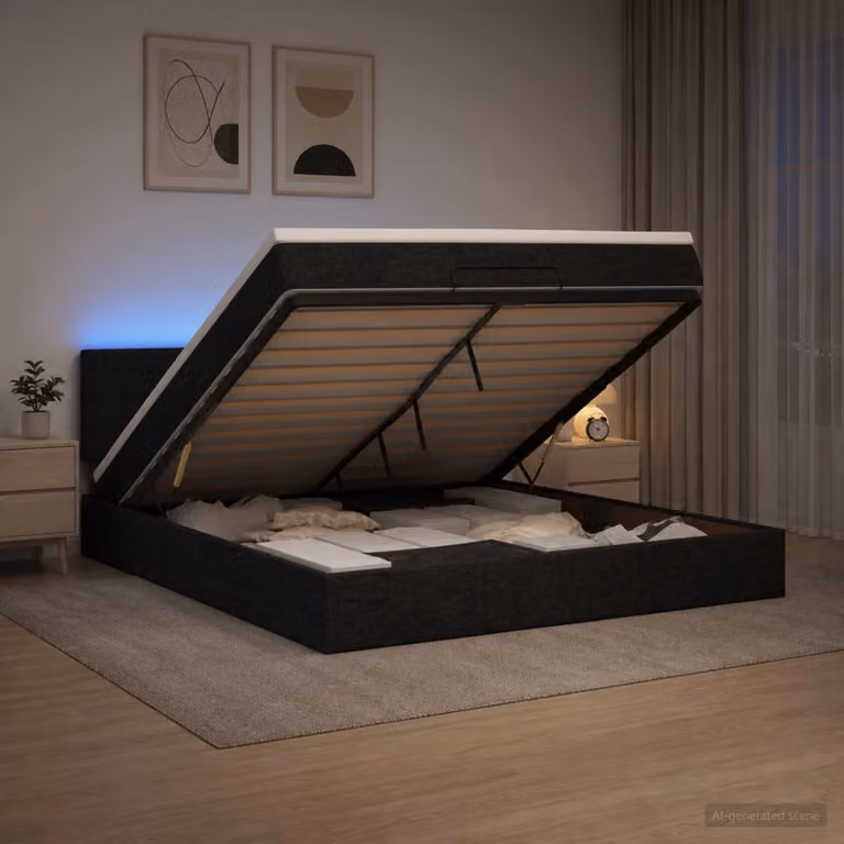 Letto Ottomano con Materasso e LED vidaXL, Colore Nero e Bianco, L/P/H: 140 x 200 x 88 cm
