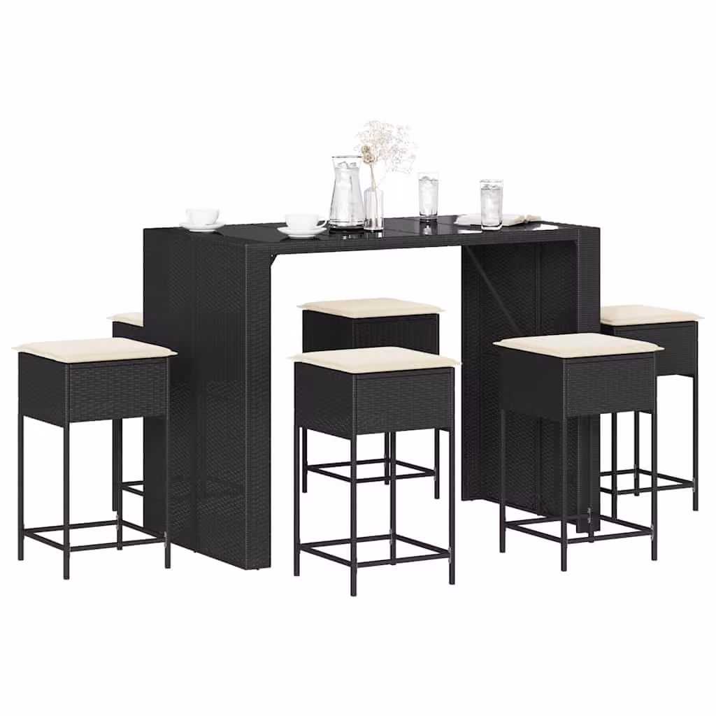 vidaXL Set Bar da Giardino 7 pz in Polyrattan Nero con Piano in Vetro