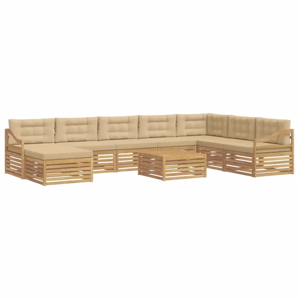 Set di divani da esterno a L con tavolino e pouf vidaXL, 9 pezzi, Bianco e Beige, in legno di acacia e tessuto impermeabile – 2