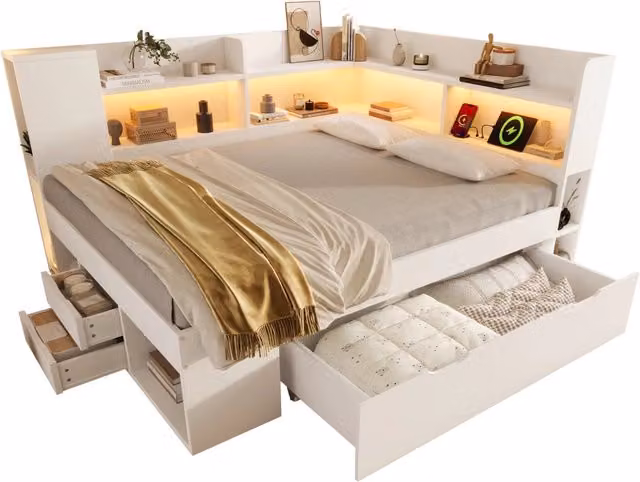 Letto matrimoniale Chicfurn con cassetti, illuminazione LED, porte USB e Type-C, ripiani e rete in legno bianco, L/P/H: 140 x 200 x 91.5 cm