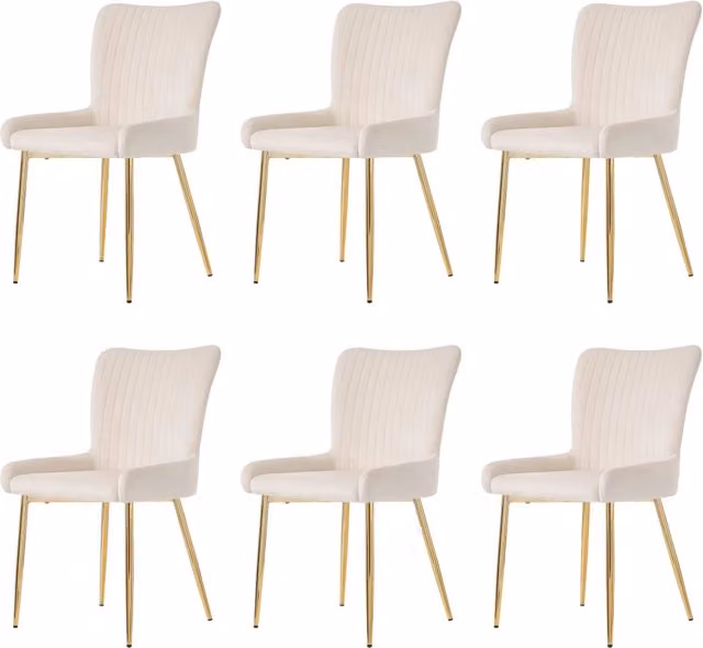 Set di 6 Sedie da Pranzo in Velluto Beige con Gambe Dorate in Metallo, Supporto Lombare, per Soggiorno e Camera da Letto