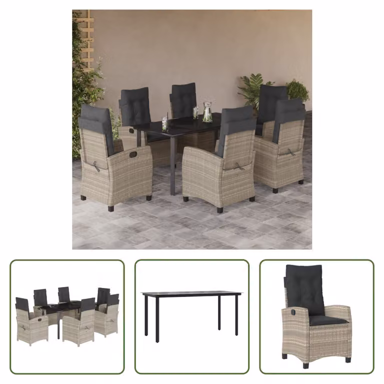 The Living Store Set da pranzo da giardino 7 pezzi con cuscini in poly rattan grigio chiaro