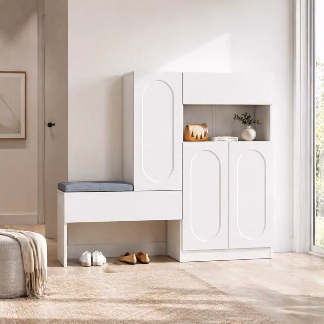 Scarpiera con panca imbottita Mivray bianca con ante a chiusura ammortizzata e ripiani regolabili L: 130 cm, P: 35 cm, H: 110 cm