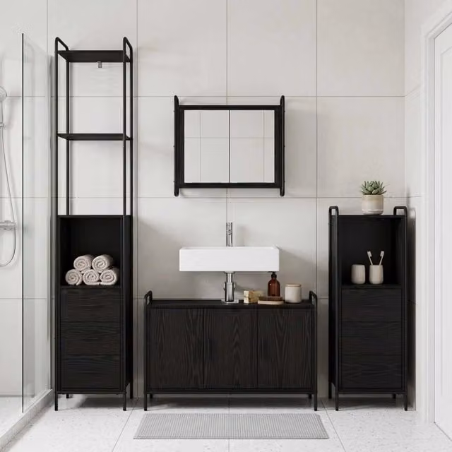 Set di Armadi da Bagno 4 pz Rovere Nero 40 x 36 x 200,5 cm 3444669