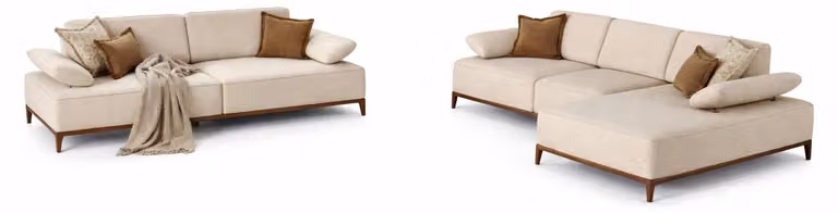 Set da salotto moderno: divano ad angolo bianco a 3 posti, set di design in tessuto