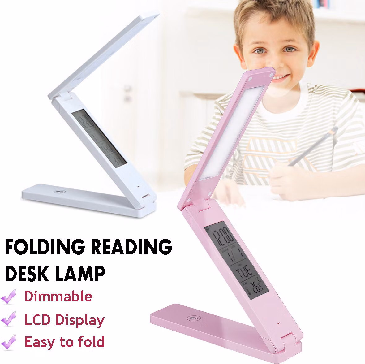 Lampada da tavolo portatile pieghevole Touch Control LED Dimmerabile LCD USB - Rosa
