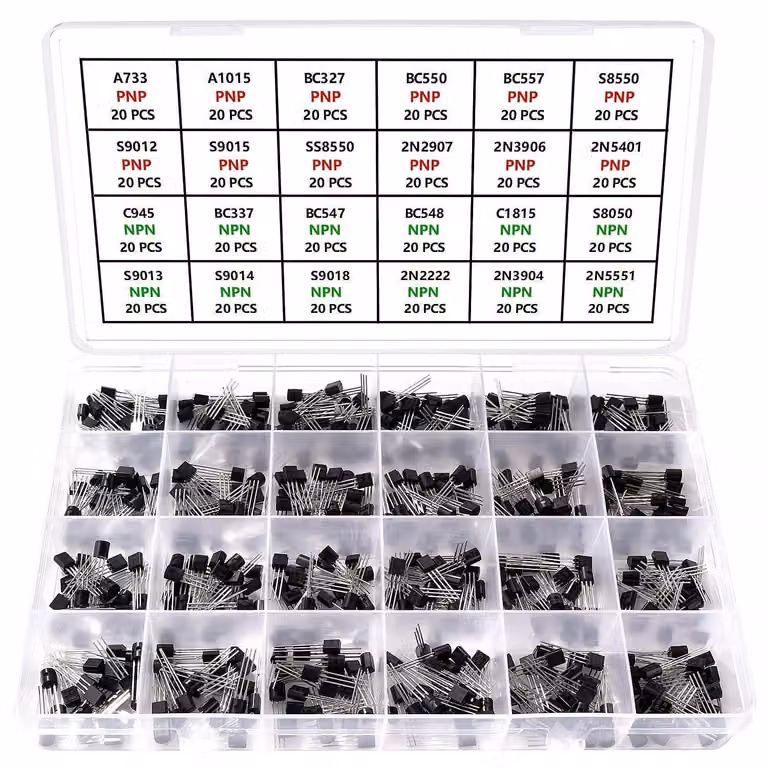 Kit di transistor: 480 pezzi, 24 modelli diversi, tipo NPN e PNP, con package TO-92