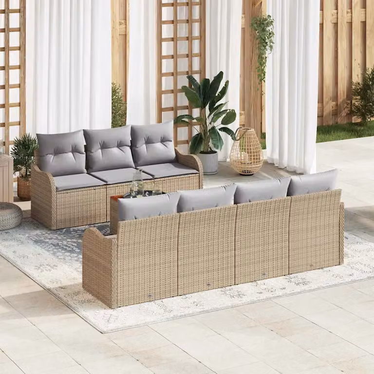 Set Divano da Giardino vidaXL 8 Pezzi con Cuscini Beige e Tavolino da Caffè in Polyrattan e Acciaio