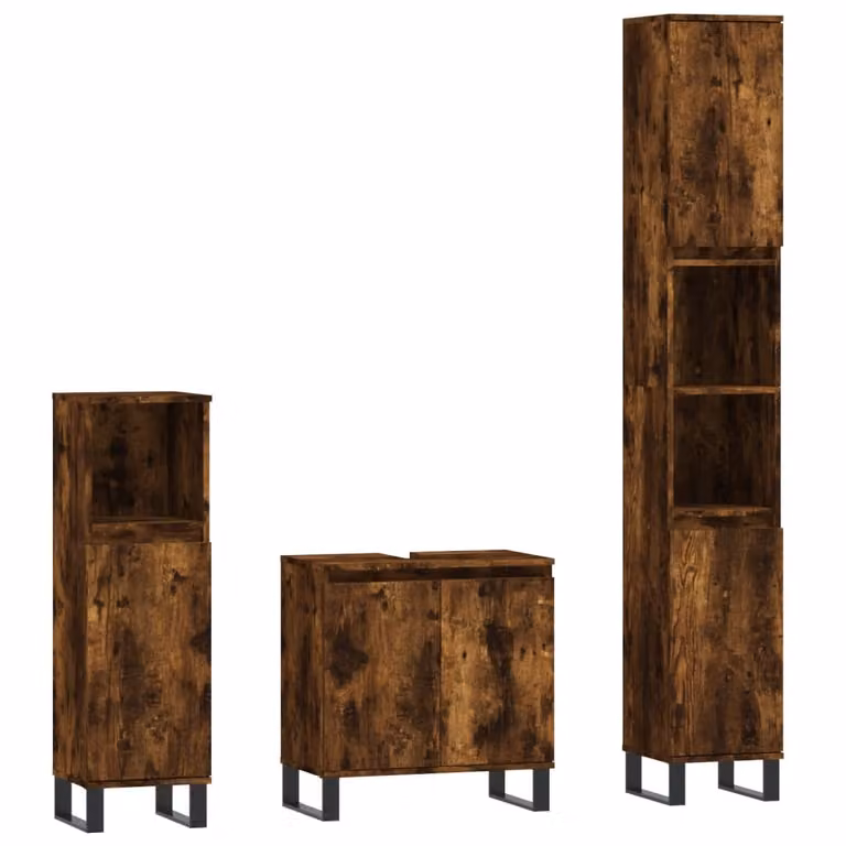 Set Mobili da Bagno 3 pz Rovere Fumo in Legno Multistrato