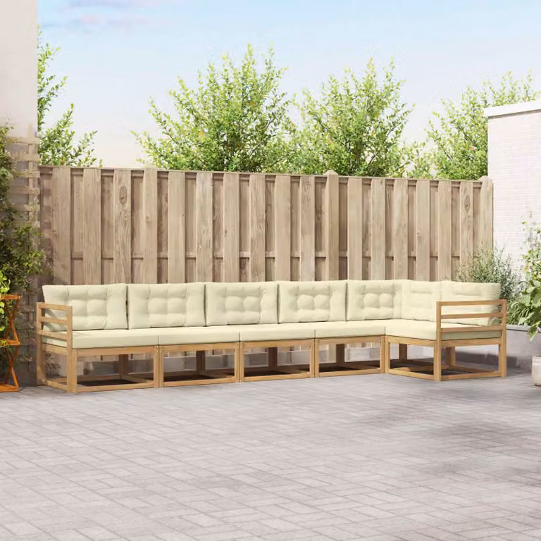 vidaXL Set di divani da esterno a L in legno di acacia con cuscini, Bianco, Beige e Marrone
