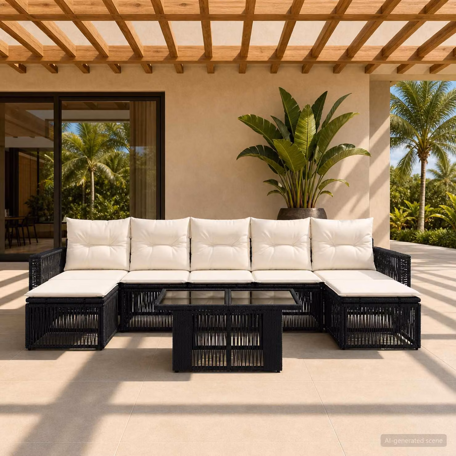 Set Divano da Giardino vidaXL 8 pezzi in Polyrattan Nero e Bianco Crema con Tavolino e Cuscini