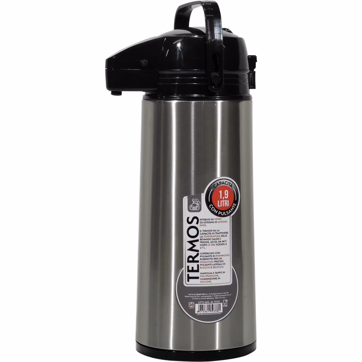 Termos GUSTO CASA in acciaio inox con pulsante, colore argento, 1,9 l