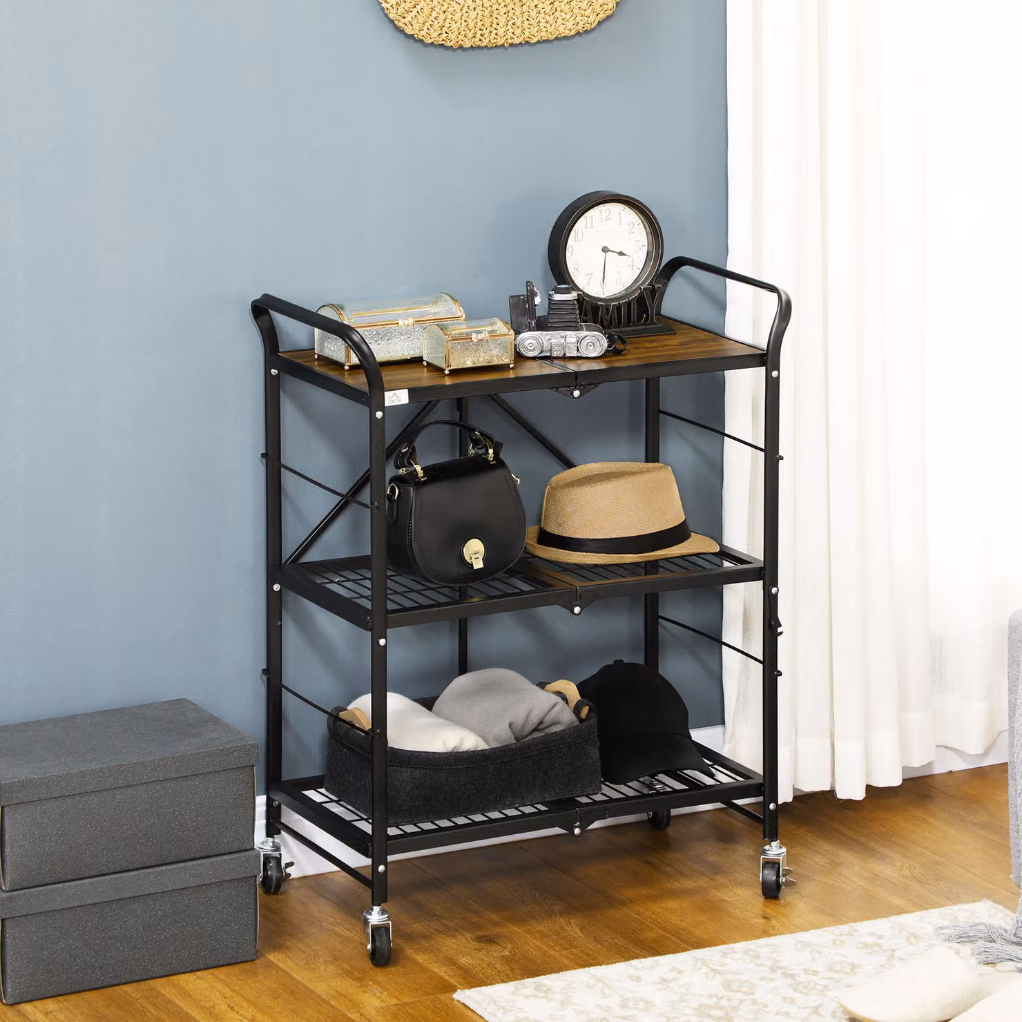 Carrello da cucina HOMCOM in stile industriale con 3 ripiani, modello pieghevole con ruote, Marrone e Nero – 2