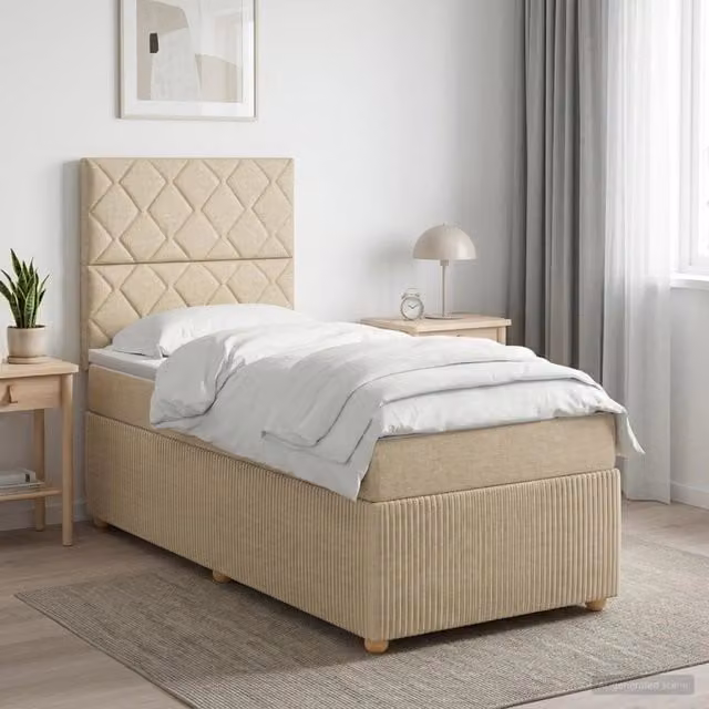 Letto Box Spring vidaXL con Materasso Ibrido e Illuminazione LED, Colore Beige e Bianco, L/P: 90 x 200 cm