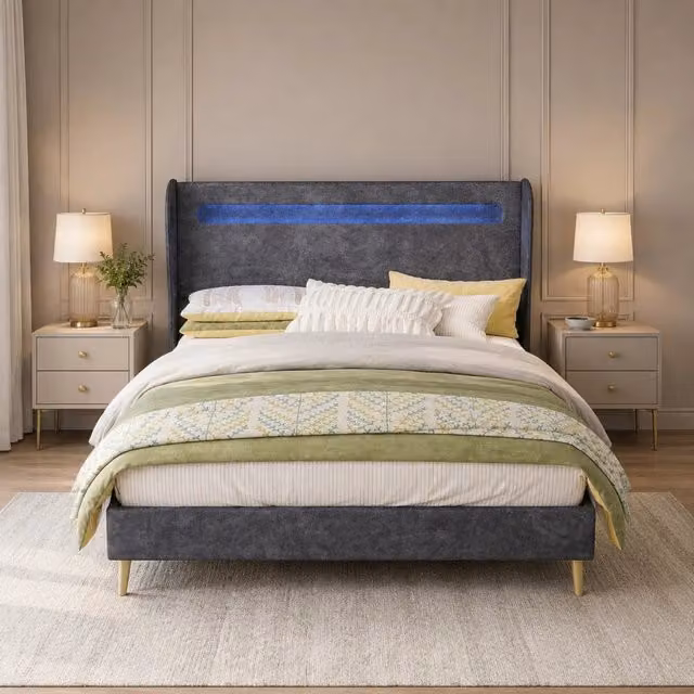 Letto imbottito LED grigio 140x200 cm in tessuto e metallo, schienale regolabile