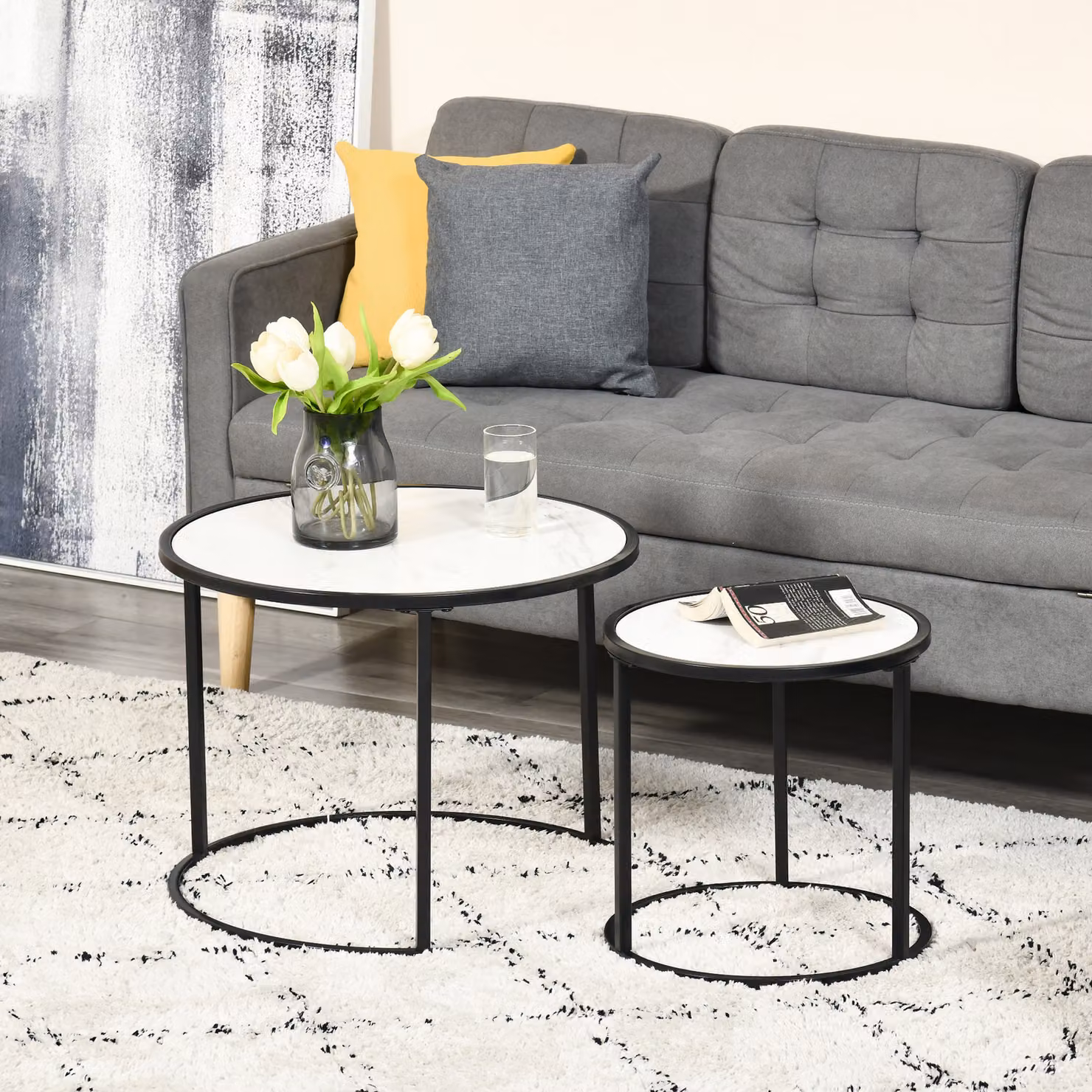 Set di 2 tavolini da salotto rotondi impilabili HOMCOM con effetto marmo bianco e struttura in metallo – 2