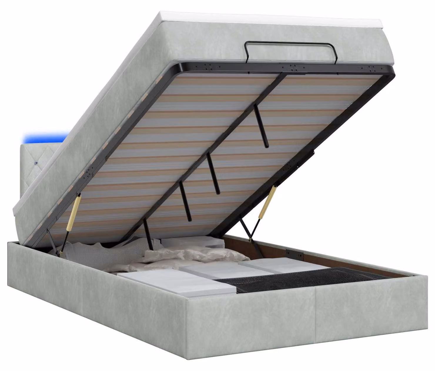 Panca contenitore con materasso e illuminazione LED, grigio chiaro, 120 x 190 cm, rivestita in velluto