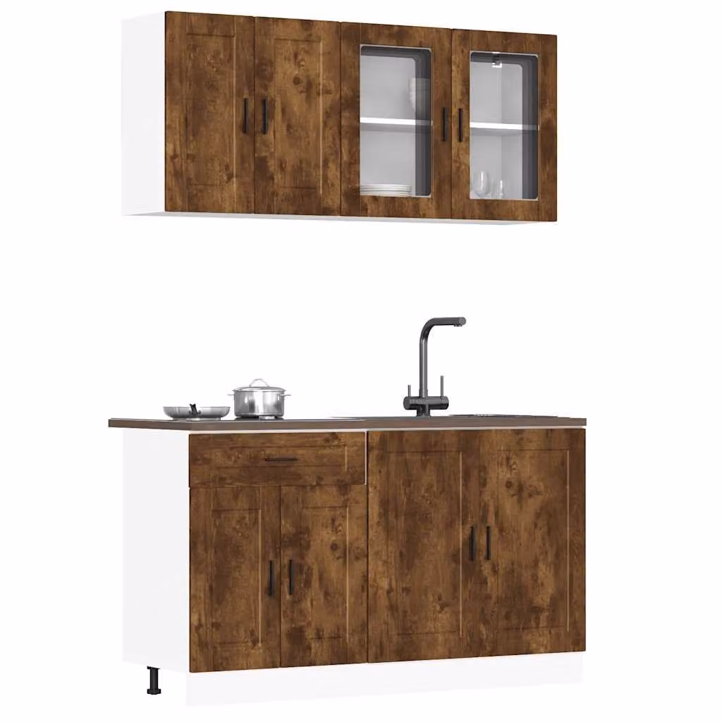 Set di mobili da cucina moderno vidaXL in legno e vetro marrone, 4 pezzi, L/P/H: 120 x 40 x 81,5 cm