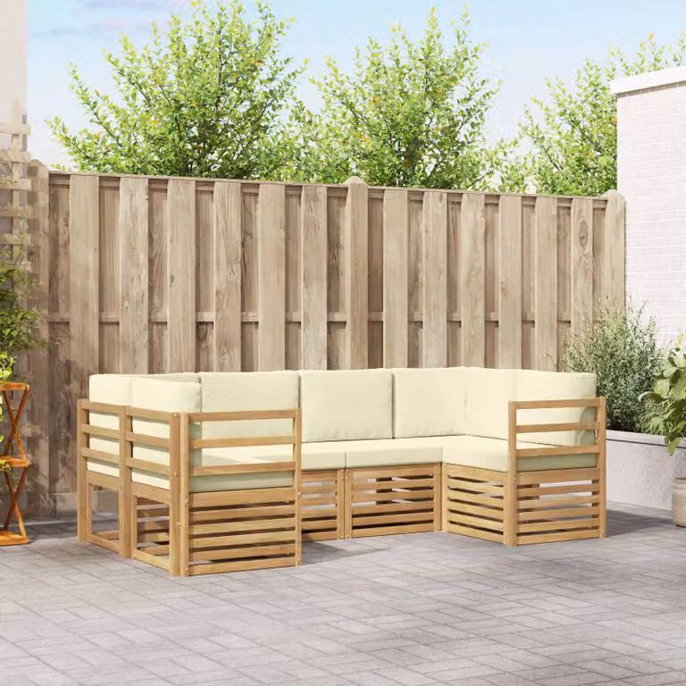 Set di divani da esterno vidaXL a forma di L composto da 6 pezzi in legno di acacia con cuscini bianchi e beige