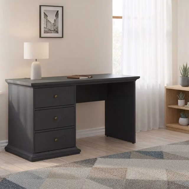 Scrivania DMORA moderna con cassettiera, Tavolo per ufficio e computer in MDF laminato, Grigio, L: 130 cm, P: 62 cm, H: 74 cm